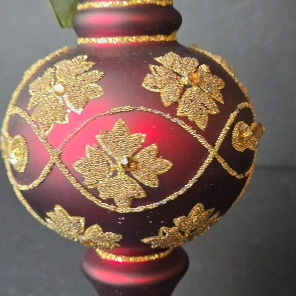 Frontgate Burgundy Gold Glass Finial Ornament Hand Painted Glittered 7" Decor - Picture 2 of 10